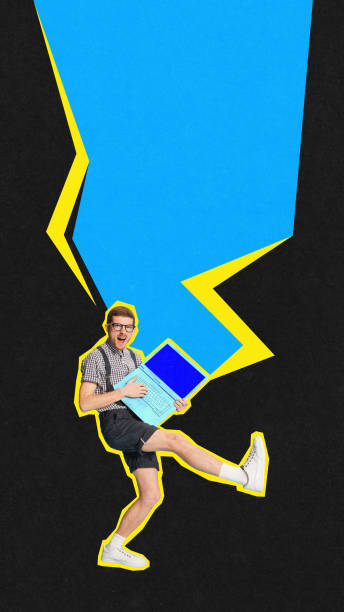 istock Young man playing with laptop like guitar, dancing over multicolored background. Contemporary art collage. 1954285562