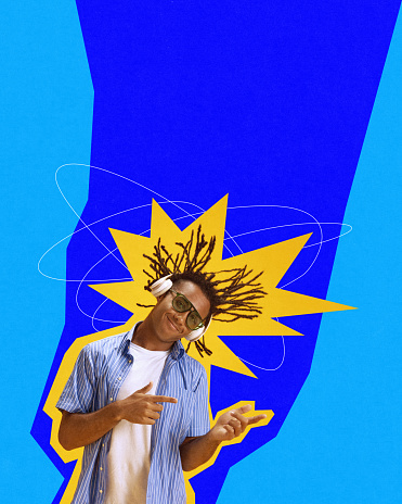 Young african man cheerfully listening to music in headphones over blue background. Contemporary art collage. Concept of human emotions, lifestyle. Magazine style, bright design.