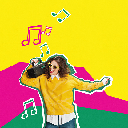 Young girl in sunglasses, casual stylish clothes listening to music with retro player over colorful background. Contemporary art collage. Concept of emotions, lifestyle. Magazine style, bright design.