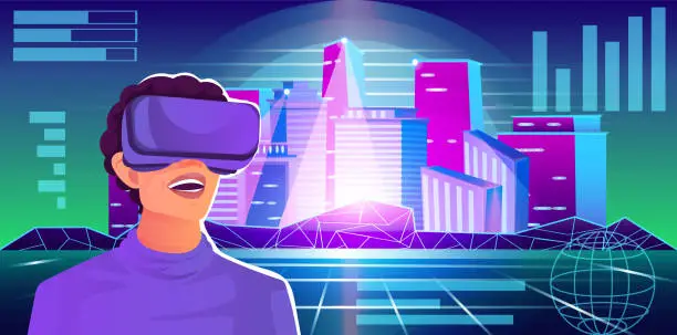 Vector illustration of Virtual city world with woman in vr headset watching at digital interface with cityscape hologram, network technology cyberspace, futuristic science. Retro neon art. Galaxy matrix. Vector illustration