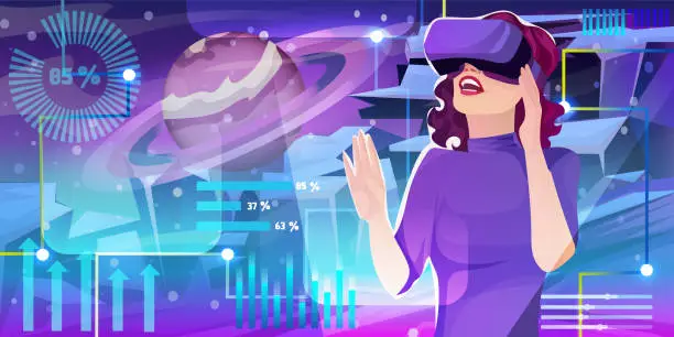 Vector illustration of Woman in casual clothes wearing VR goggles watching at virtual reality world space, digital interface, planet hologram, network technology, abstract cyberspace, futuristic science. Vector illustration