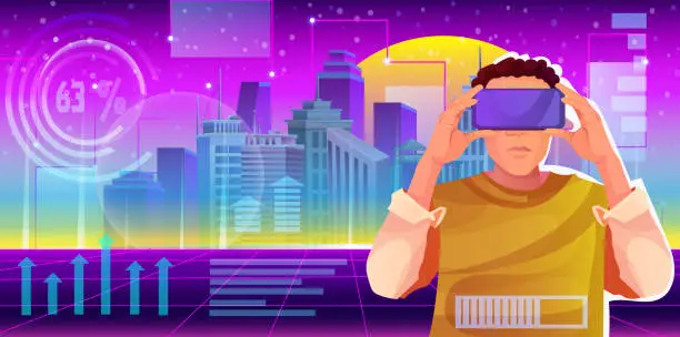 Vector illustration of Virtual city world with man in vr goggles, digital interface with cityscape hologram, network technology, abstract cyberspace, futuristic science. Retro neon art. Galaxy matrix. Vector illustration