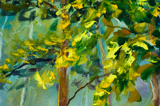 Close up fragment trees, foliage of oil painting artistic image. Palette knife texture macro painting art