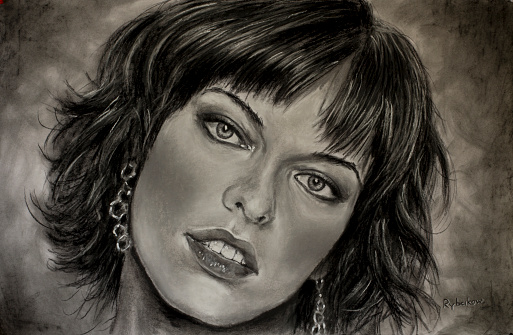 Female portrait hand drawn in pencil by artist. Girl on a drawing pencil art