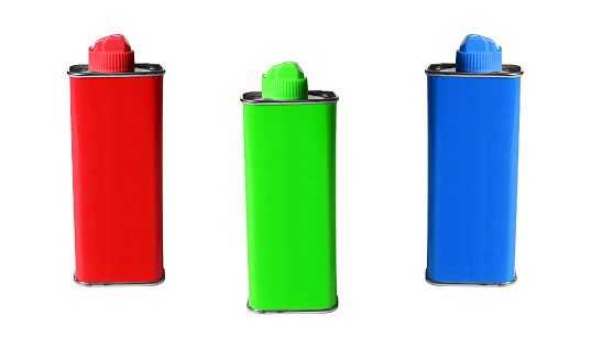 Red, green and blue Lighter Fluid Packs isolated on white background