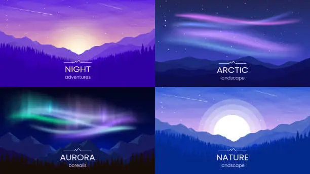 Vector illustration of Night landscapes with mountains, aurora and sunset.