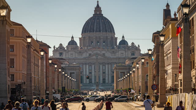 4K Footage Time lapse of Crowd of People tourism walking and sightseeing attraction at St Peter's Basilica in Vatican City at day time, Rome, Italy, Europe, Tourist and Travel Destination Concept
