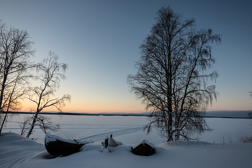Lapland nature, winter landscape. Snow-covered trees and a mountain on the horizon. Panoramic photo