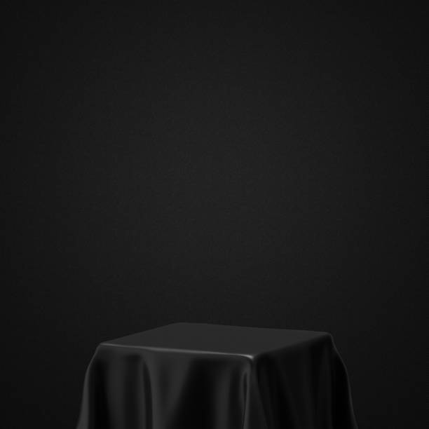 istock Black fabric podium luxury pedestal cloth product presentation 3d background with empty elegant display show stand scene studio backdrop or premium abstract showcase stage dark silk drapery concept. 1954324755