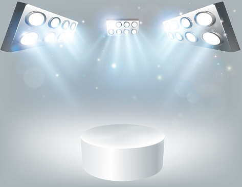 Platform plinth podium in white background with spotlight lights pointing at it illustration
