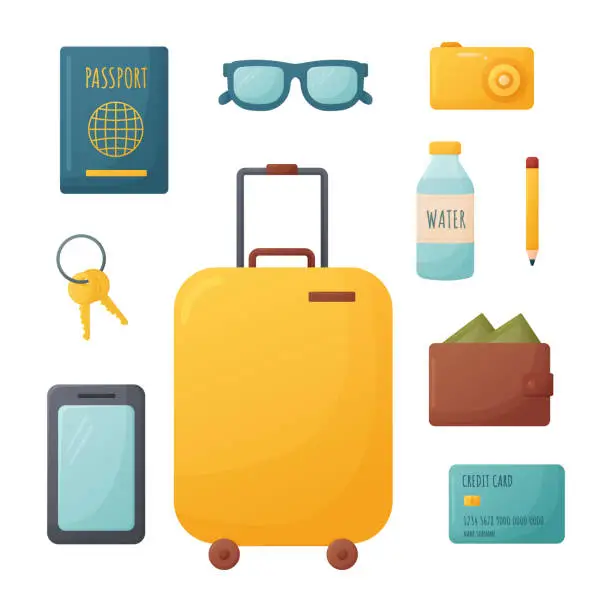 Vector illustration of travelling items collection, accessories for vacation, suitcase, passport, camera, phone, wallet, card, water, keys, sunglasses, vector illustration