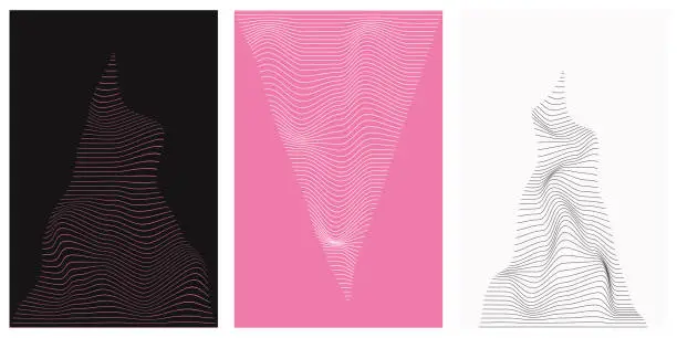 Vector illustration of Distorted line pattern on black, pink and white background.