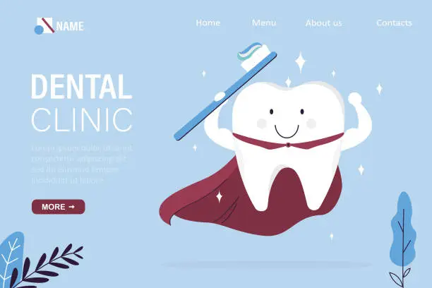 Vector illustration of Dental clinic, landing page template. Superhero tooth flying with toothpaste and toothbrush. Strong healthy teeth in red cloak. Teeth care and hygiene.