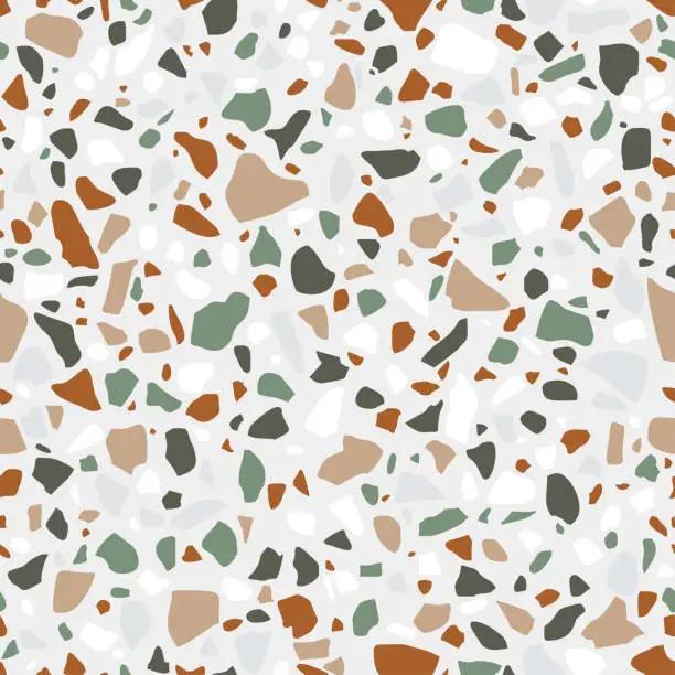 Vector illustration of Venetian style terrazzo tile. Terrazzo flooring seamless pattern. Stone chips, color background. Marble mosaic made in colored polished pebble. Vector wallpaper