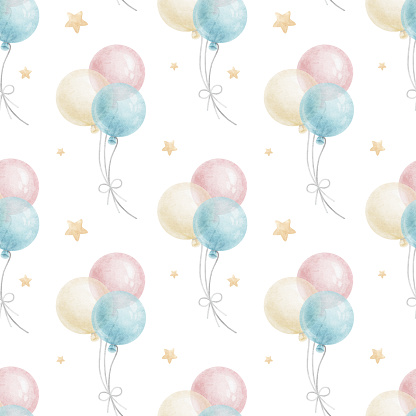 Flying round pink, blue balloons, stars. Cute baby's background. Watercolor seamless pattern of pastel color for children's good, baby's room design, invitation, kid's textile, clothing, scrapbooking