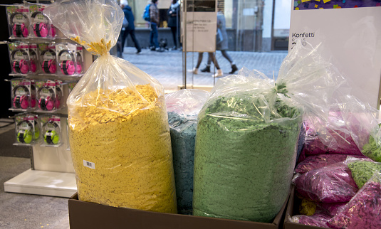 Multi Colored confetti inside a store.