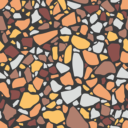 Terrazzo flooring, seamless pattern. Polished rock surface, colored mosaic floor. Small random marble pebbles in pastel colors. Vector texture background.