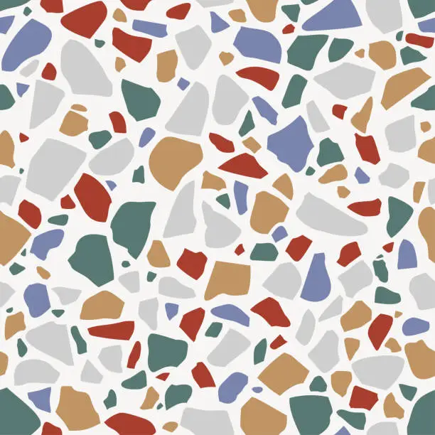 Vector illustration of Terrazzo flooring, seamless pattern. Polished rock surface, colored mosaic floor. Small random marble pebbles. Vector