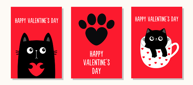 Happy Valentines Day. Love greeting card banner set. Cat in tea coffee cup. Red heart paw print. Black kitten holding hearts. Cute cartoon funny animal pet character. Flat design Red background Vector