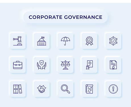 Vector Style Corporate Governance Editable Stroke Line Icon Set with neumorphic design background.
