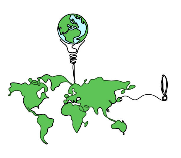 istock Color Map of planet Earth and light bulb with exclamation mark as line drawing on white 1954361679