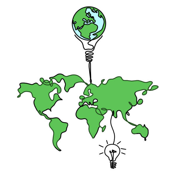istock Color Map of planet Earth and light bulb as line drawing on white 1954361720