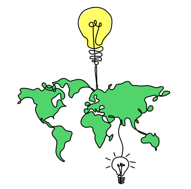 istock Color Map of planet Earth and light bulb as line drawing on white 1954361728