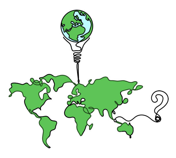 istock Color Map of planet Earth and light bulb with question mark as line drawing on white 1954361734