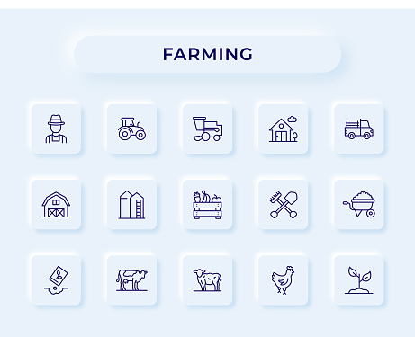 Vector Style Farming and Agriculture Editable Stroke Line Icon Set with neumorphic design background.