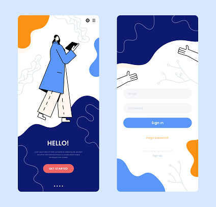 User Onboarding Template for Mobile App main page and login page. username, password box