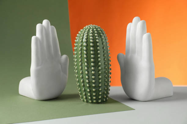 istock Beautiful ceramic cactus and other decor elements on color background 1954362395
