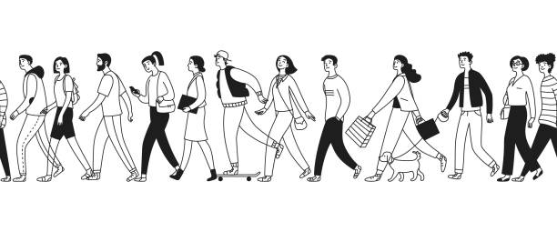 bildbanksillustrationer, clip art samt tecknat material och ikoner med a crowd of people walking one after another. people are walking. continuous series. sequence. men, women and teenagers walk. vector illustration isolated in doodle style - stå i kö