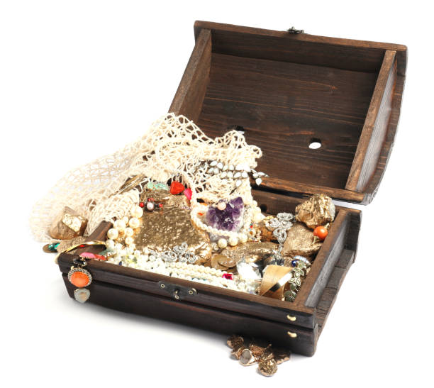 istock Wooden chest with treasures and net isolated on white 1954363592