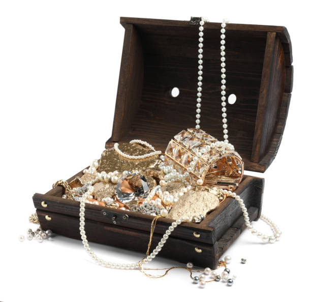 istock Wooden chest with treasures isolated on white 1954363604