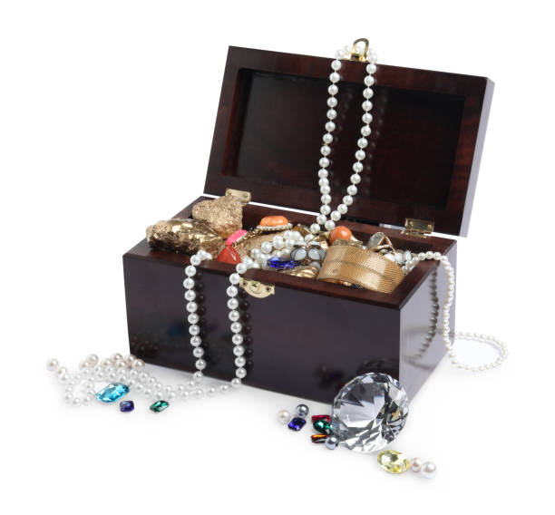 Small old vintage chest for traditional Tatar jewelry. National retro necklace and earrings made of metal and semi-precious stones. Folk festival Sabantuy