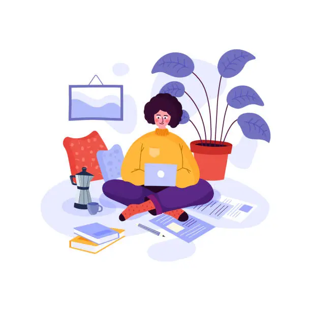 Vector illustration of Home Office Harmony: Young Woman Balancing Work and Coffee