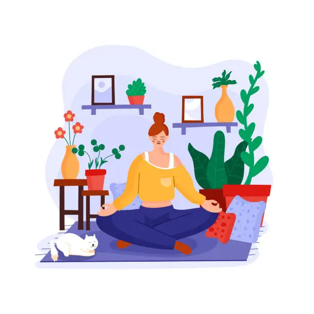 Vector illustration of Serenity at Home: Young Woman Meditating