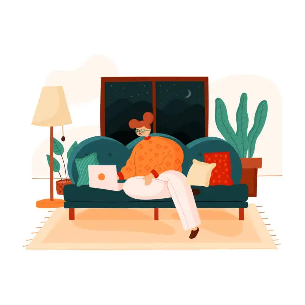 Vector illustration of Work from Home Harmony: Woman in Living Room Workspace