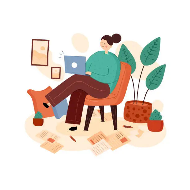 Vector illustration of Contemporary Elegance: Woman on Armchair with Laptop