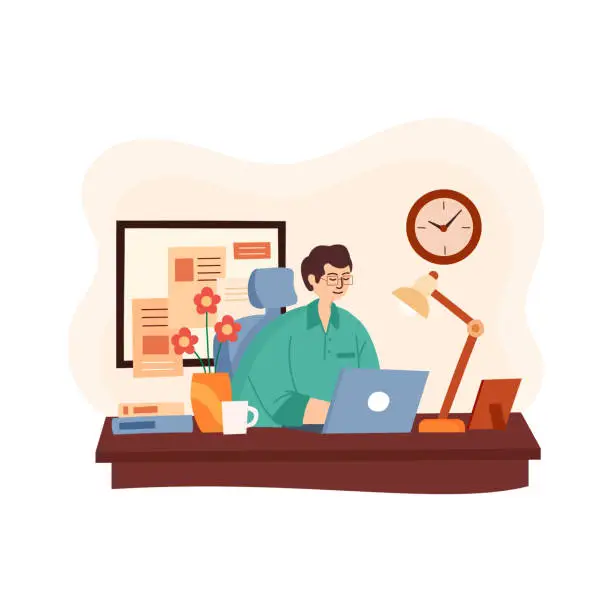 Vector illustration of Desk Dynamo: Young Man Engaged with Laptop at Work