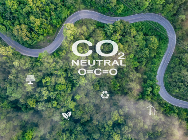 istock CO2 neutral with aerial view green trees forest background. Carbon neutral concept. Eco friendly. Sustainable and renewable energy. Sustainable resources. Solar and wind power. Renewable energy. 1954370890