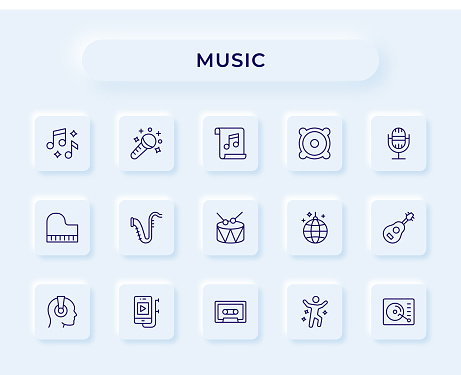 Vector Style Music Editable Stroke Line Icon Set with neumorphic design background.