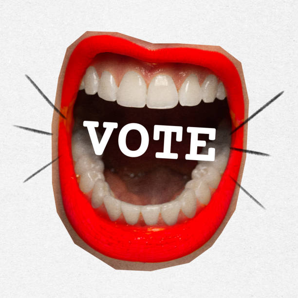 istock Contemporary art collage. One widely opened mouth loudly shouting that it make choice and voted. Grainy fabric effect. 1954377632