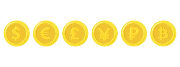 Vector illustration of Golden coins with currencies symbols. Set of stylized golden coin with currency symbols: dollar, euro, pound, ruble, yuan and bitcoin signs.