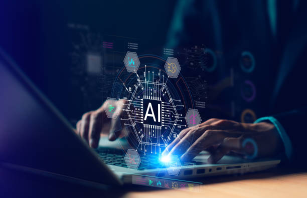 istock AI (Artificial intelligence) growing concept. Machine learning. Businessman hand use laptop analytics information trends technology. Business link digital marketing. Innovation and futuristic 1954381451