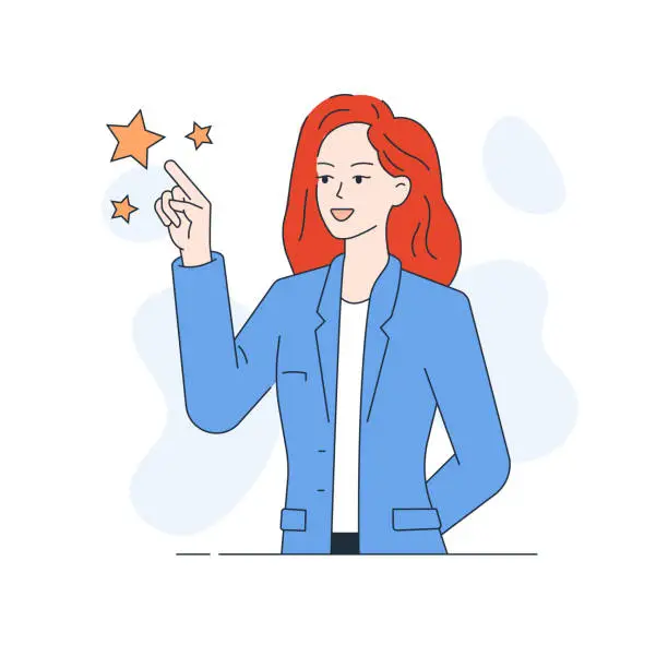 Vector illustration of Employee Skills Illustration. A young businesswoman pointing star shapes.