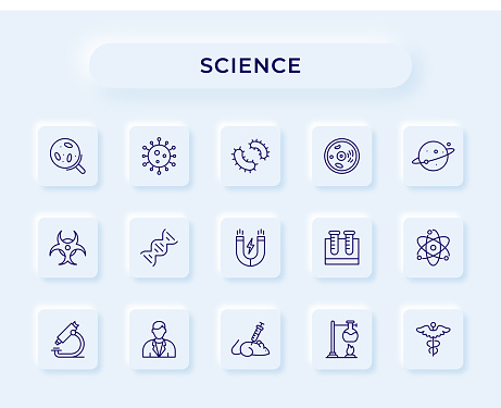 Vector Style Science Editable Stroke Line Icon Set with neumorphic design background.
