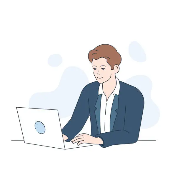 Vector illustration of Young businessman working on computer in office