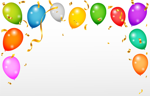 Balloons header background. Party card with colorful balloons. Birthday background with realistic balloons. Balloons header background.