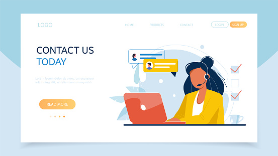 Contact us landing page. Woman with headphones and microphone with a computer. Customer support service, call center, hotline concept flat vector illustration. Online global technical support 24 to 7